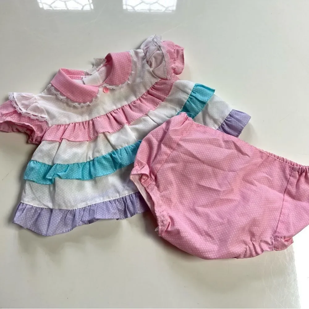 Vintage 2 Piece 1980s Cotton Candy Pastel Tiered Ruffle Polka Dot Dress Bummies